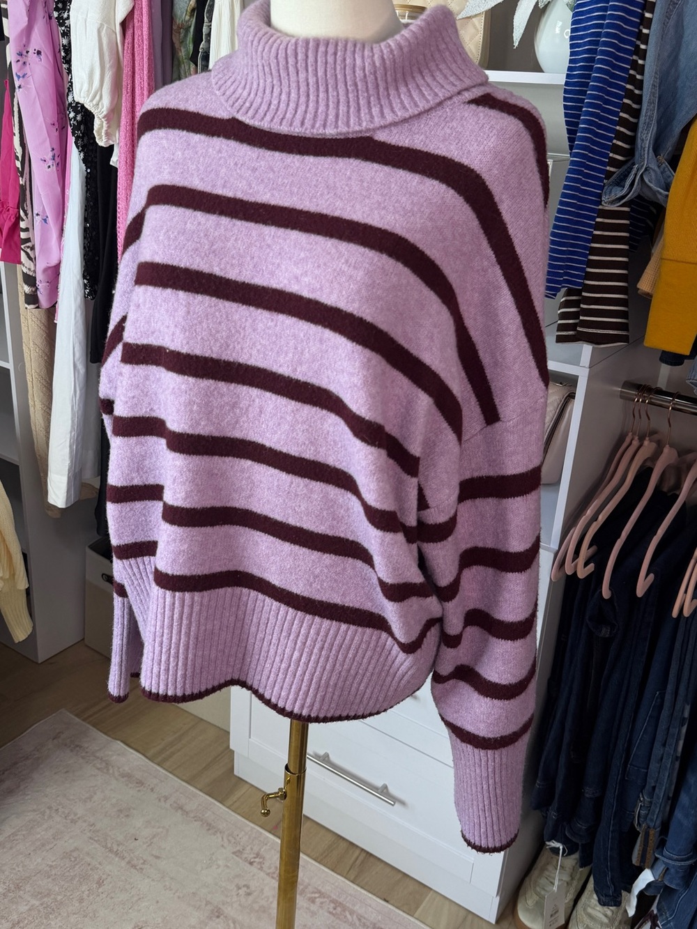 Time and Tru Pink and Burgundy Striped Turtleneck Sweater